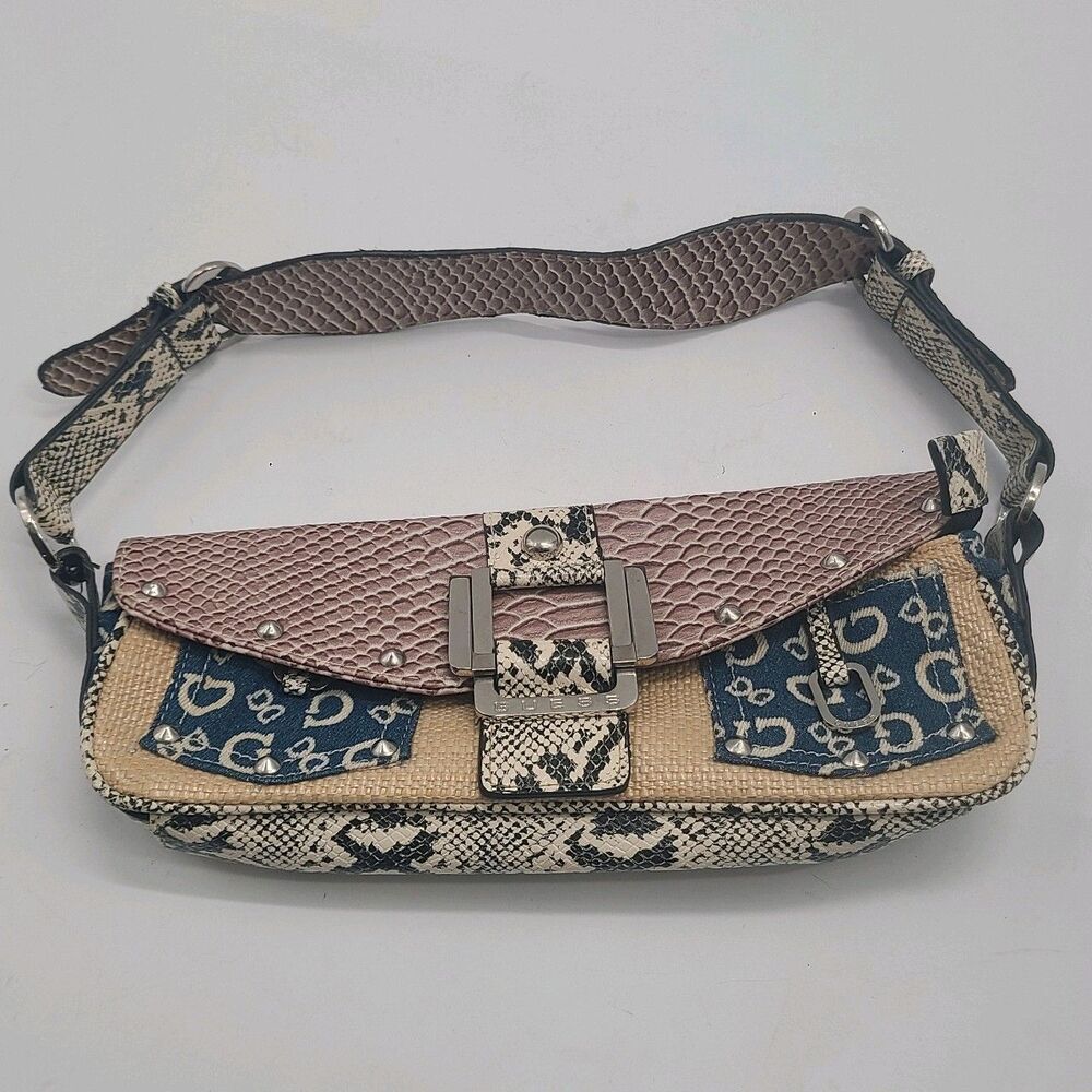 Y2K GUESS Denim Pocket Straw Shoulder Bag Snakeskin Studded Purse